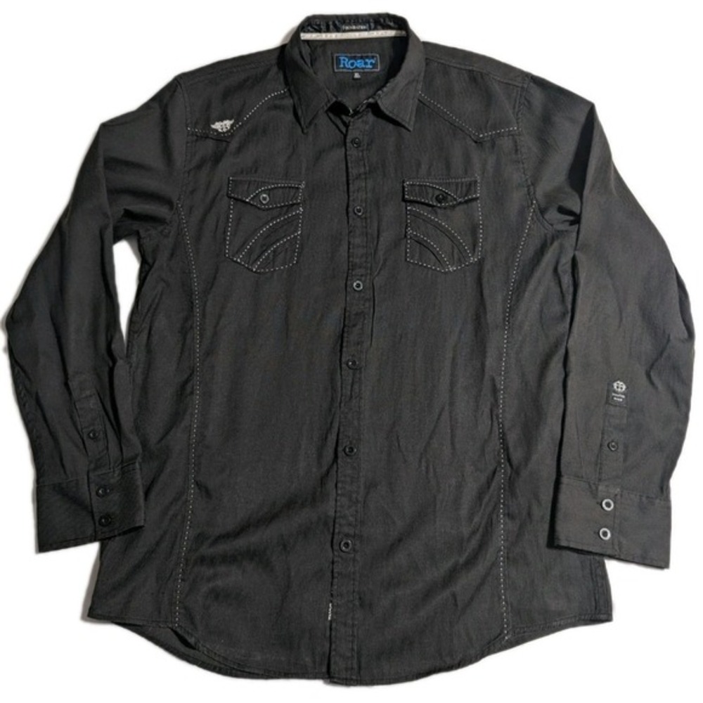 Roar Signature Mens XL Black Ribbed Stretch Button Up Western‎ Contrast Stitch